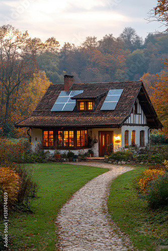 Obraz na płótnie Charming cottage with solar panels in autumn landscape surrounded by colorful trees and cozy warm lights w salonie