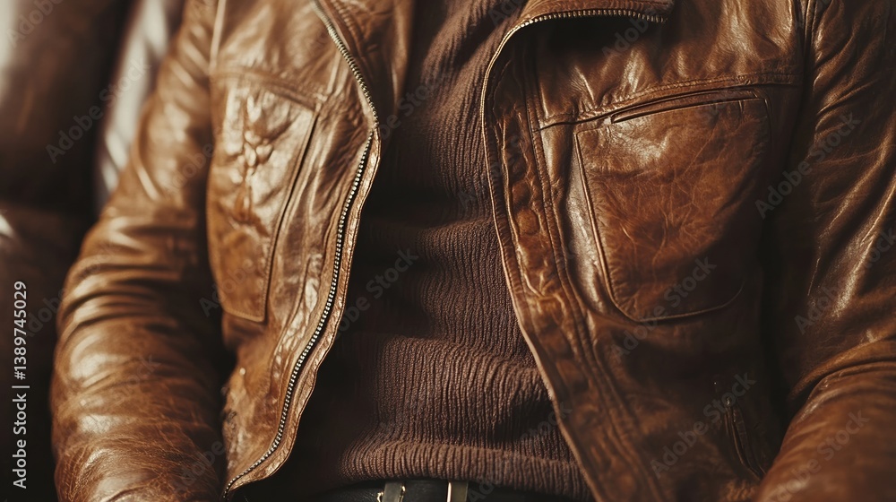Close-up of brown leather jacket and sweater combination with zipper, fashion theme