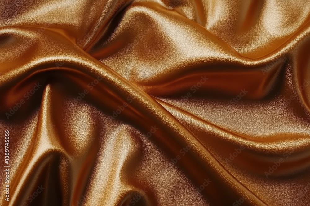 Luxurious golden brown satin fabric draped elegantly in soft folds creating a shimmering and smooth texture