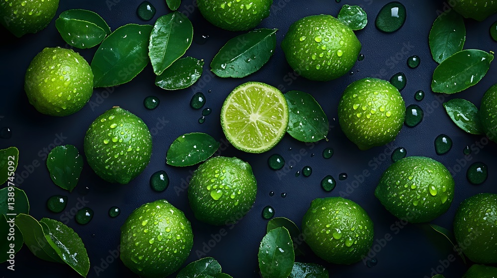 Fresh green key limes scattered with leaves on dark background, some halved to reveal juicy interiors, glistening water droplets under natural light. Fresh green key limes scattered with leaves on dark background, some halved to reveal juicy interiors, glistening water droplets under natural light.