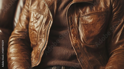 Obraz na płótnie Close-up of brown leather jacket and sweater combination with zipper, fashion theme w salonie