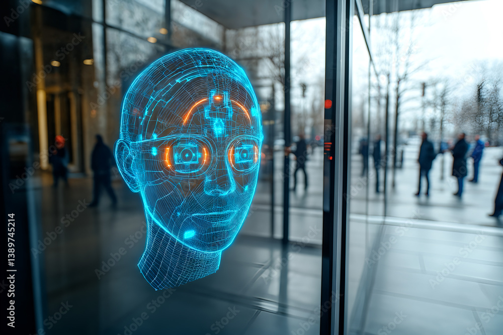 Digital face hologram displayed on glass wall in an urban environment with reflective surfaces and pedestrians