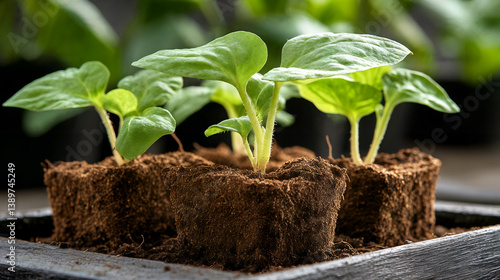 Young green seedlings growing in biodegradable pots on wooden tray in eco-friendly gardening setup