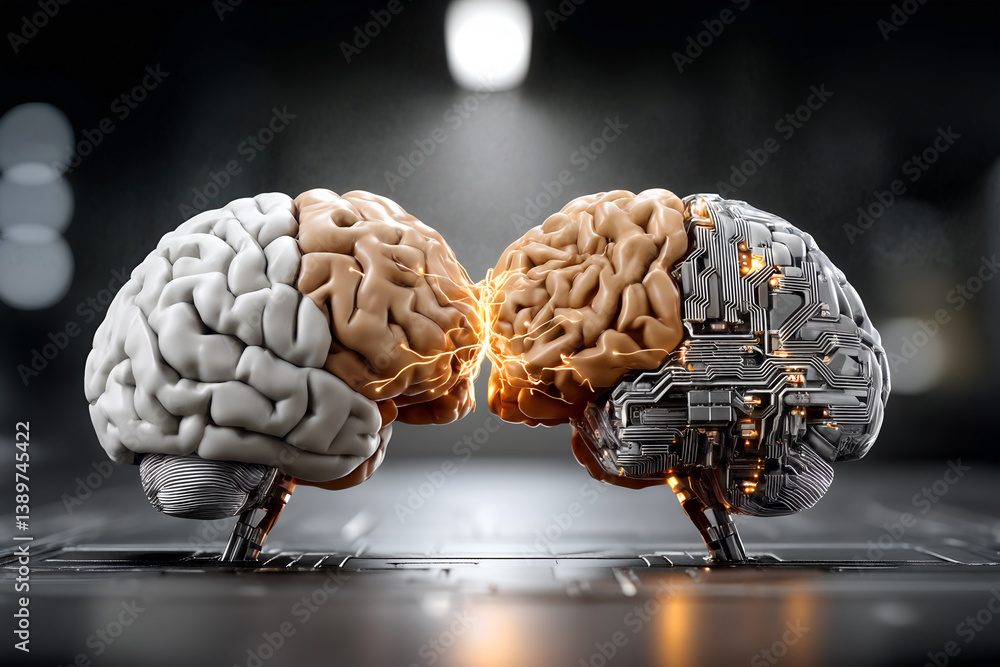 Ai and human brain symbolizing the battle for supremacy and intelligence in technology and innovation concepts