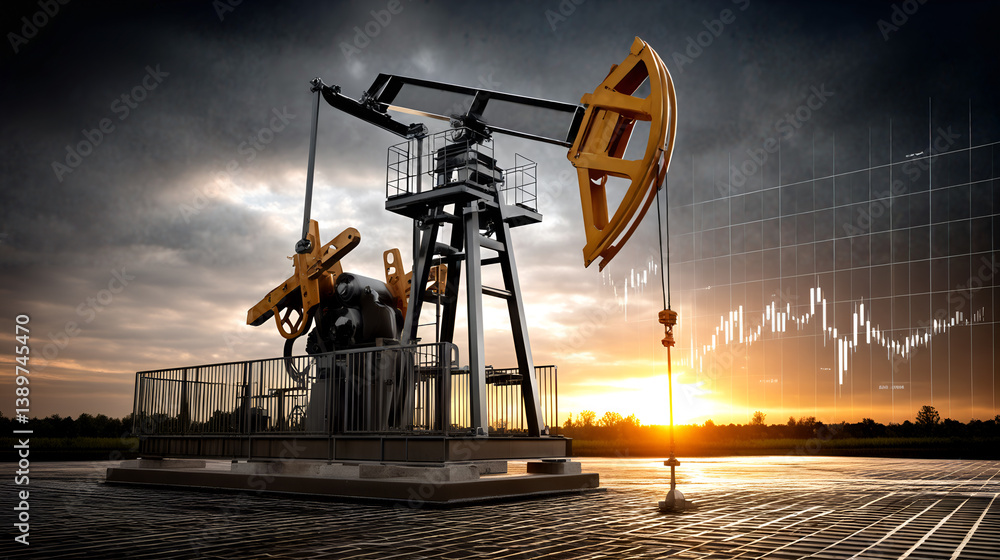 Industrial oil pumpjack silhouette at sunset with graph overlay symbolizing energy market trends and analysis