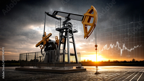 Obraz na płótnie Industrial oil pumpjack silhouette at sunset with graph overlay symbolizing energy market trends and analysis w salonie