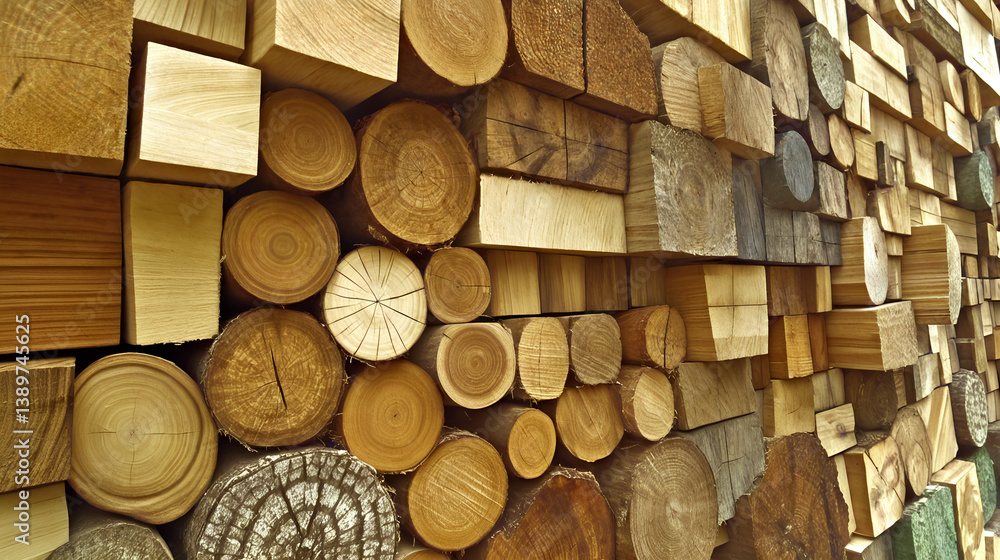 Variety of wood logs and planks in different sizes and textures arranged in a stacked pattern