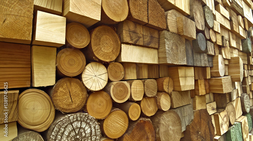 Obraz na płótnie Variety of wood logs and planks in different sizes and textures arranged in a stacked pattern w salonie
