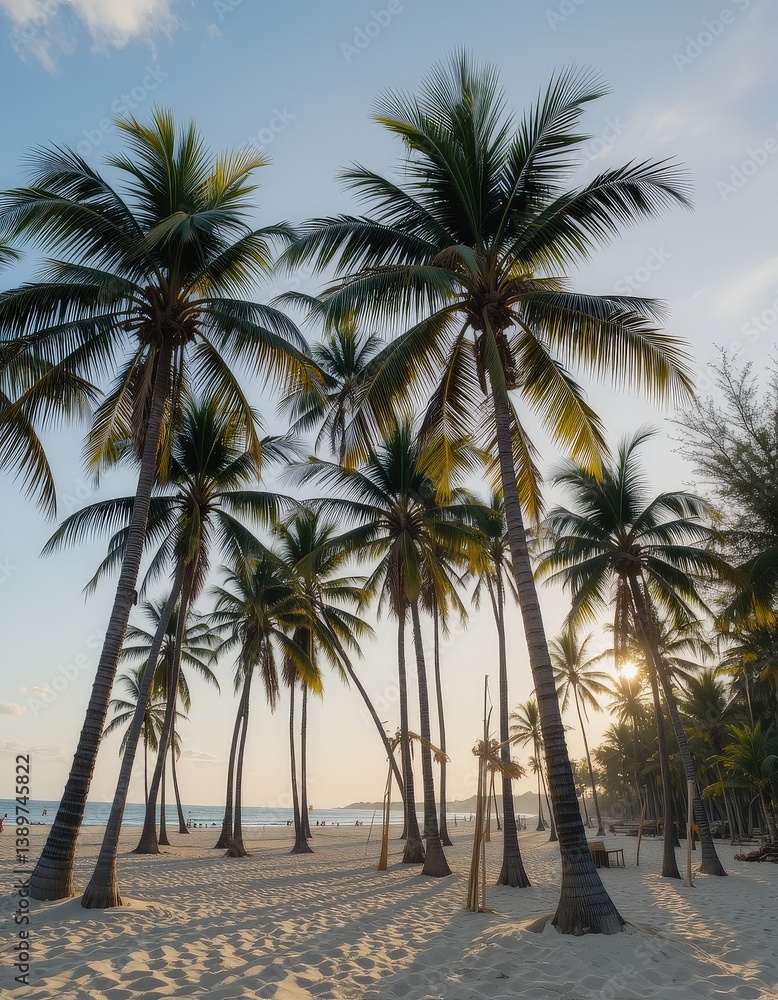 Obraz premium A serene beach scene featuring tall, swaying palm trees silhouetted against a vibrant sunset. The sky is painted in hues of orange, pink, and purple, reflecting on gentle waves.