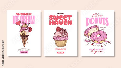 Pink Summer Desserts Typography T-shirt Design Templates, Ice Cream Sketch, Pink Donuts and Muffin or Cupcake Retro Hand Drawn Posters for Cafe