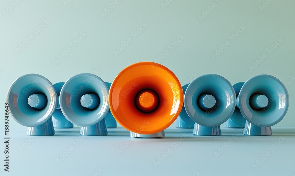 A row of microphones with one orange one blue