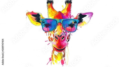 Fototapeta Naklejka Na Ścianę i Meble -  Colorful giraffe sunglasses portrait, paint splatter background, apparel design