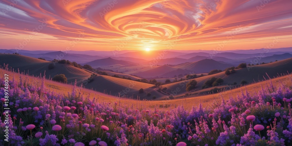 Obraz premium A breathtaking sunset casts vibrant hues of orange, pink, and purple over rolling hills, while wildflowers in the foreground sway gently in the warm evening breeze, creating a serene landscape.