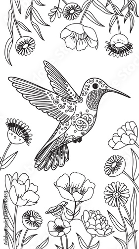 humming bird flying eating in nature silhouette line art