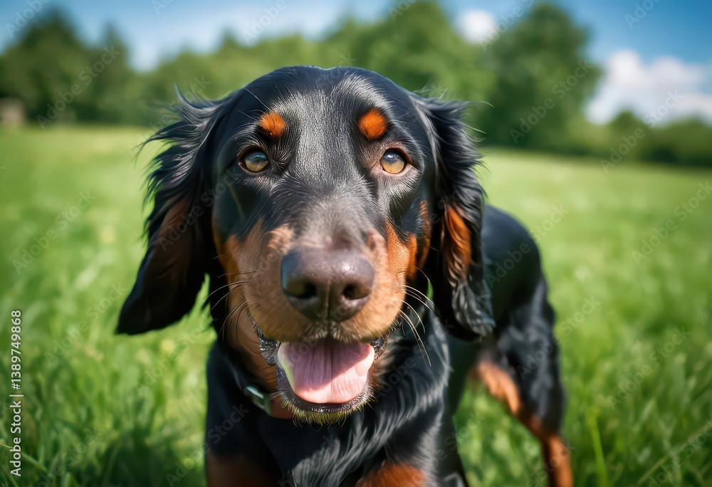 Gordon setter running on the green grass, dog playing outdoors on meadown under blue sky, black doggy in the wild nature, purebred canine on natural ambient Gordon setter running on the green grass, dog playing outdoors on meadown under blue sky, black doggy in the wild nature, purebred canine on natural ambient