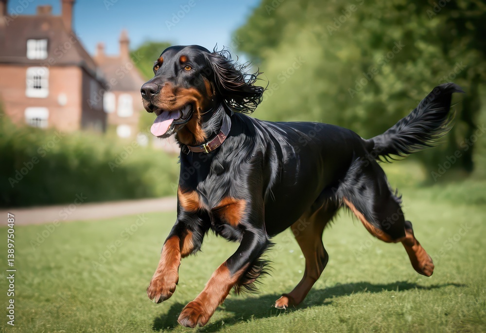 Gordon setter running in the park of a city , dog playing outdoors on grass meadown in a city under blue sky, black doggy in the wild nature, purebred canine on natural ambient Gordon setter running in the park of a city , dog playing outdoors on grass meadown in a city under blue sky, black doggy in the wild nature, purebred canine on natural ambient