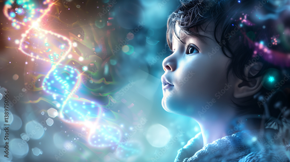 This child gazes intently at a glowing dna strand, embodying the future of biotech and human evolution. This child gazes intently at a glowing dna strand, embodying the future of biotech and human evolution.