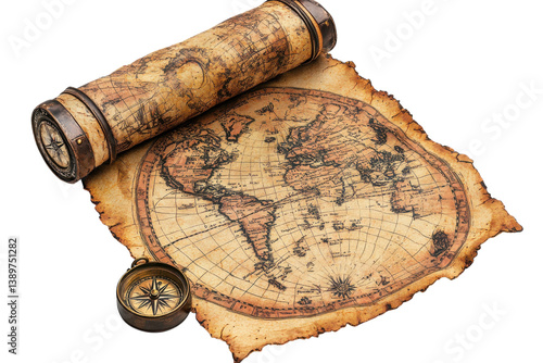 Antique world map scroll with compass a journey through history aged paper texture detailed