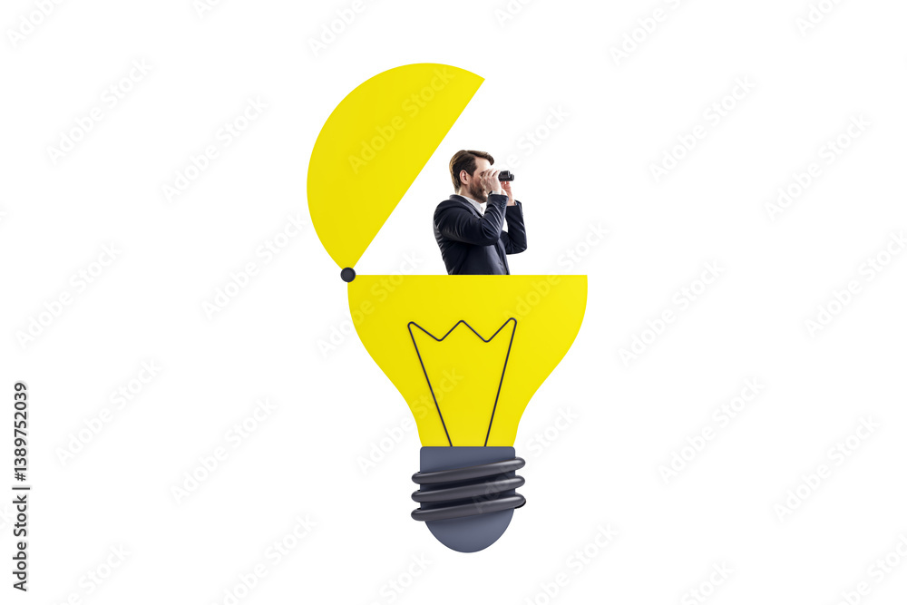Man in suit inside open yellow lightbulb using binoculars, isolated on white background, symbolizing vision, creativity, and innovation
