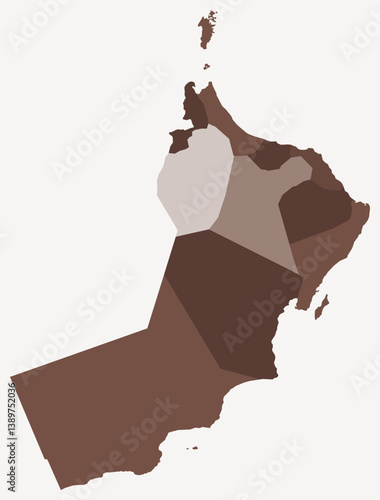 Map of Oman with regions. A simple country border map with region division. Brown color palette. Flat Oman shape with administrative division. Vector illustration.