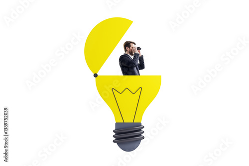 Obraz na płótnie Man in suit inside open yellow lightbulb using binoculars, isolated on white background, symbolizing vision, creativity, and innovation w salonie