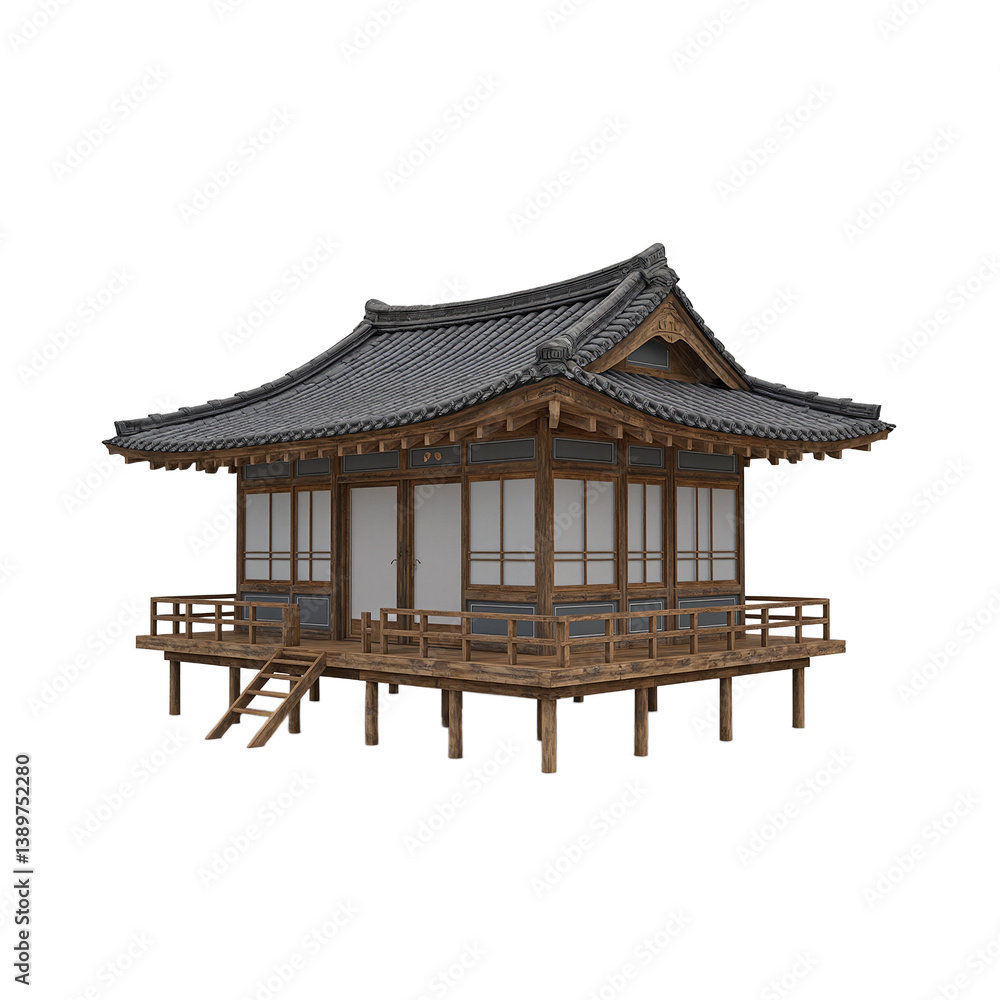 3D render of a Korean hanok style house with tiled roof and wood framing on raised floor centered on white 3D render of a Korean hanok style house with tiled roof and wood framing on raised floor centered on white