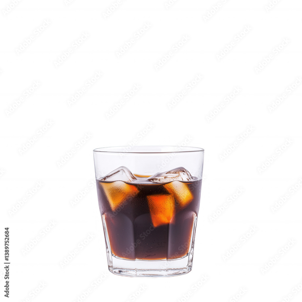 A glass of refreshing iced beverage with ice cubes, perfect for cooling down during hot days. Clear glass showcases the dark liquid in a minimalist setting. A glass of refreshing iced beverage with ice cubes, perfect for cooling down during hot days. Clear glass showcases the dark liquid in a minimalist setting.