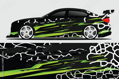 Sleek racing car design featuring dynamic graphic patterns in green and black against a neutral background