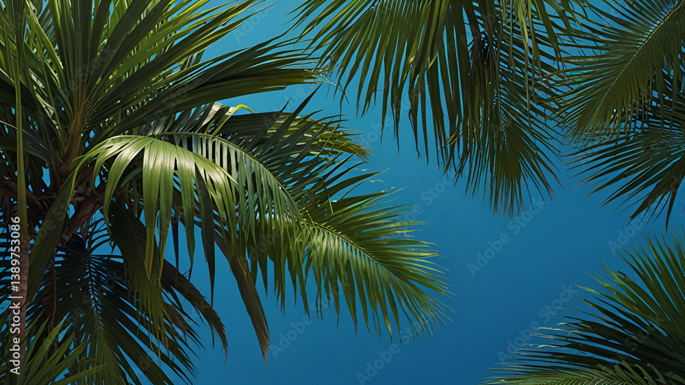 Fototapeta premium Tropical Palm Tree Tops Against Clear Blue Sky Overlapping Fronds Creating a Serene Tropical Atmosphere