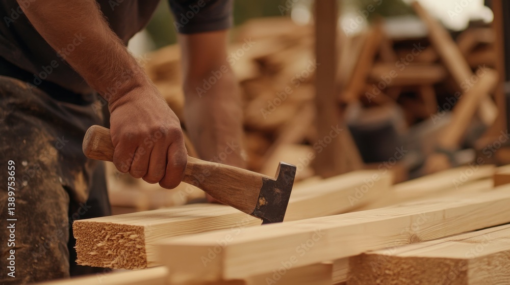 A carpenter installing wooden beams at a construction site. Featuring craftsmanship and precision A carpenter installing wooden beams at a construction site. Featuring craftsmanship and precision