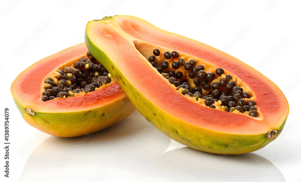 Fresh Ripe Papaya Halves with Seeds on White Background. Close-Up of Juicy Papaya Fruit Cut in Half. Sliced Papaya Showing Inner Texture and Seeds Fresh Ripe Papaya Halves with Seeds on White Background. Close-Up of Juicy Papaya Fruit Cut in Half. Sliced Papaya Showing Inner Texture and Seeds