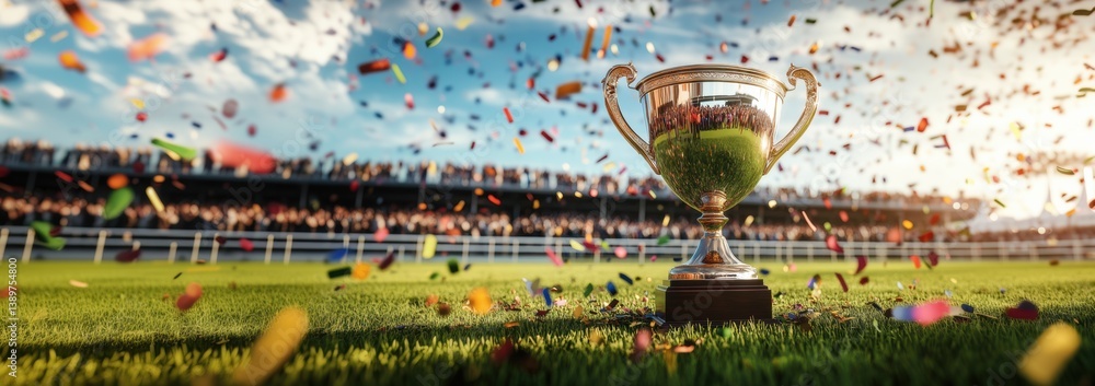 Obraz premium Gleaming golden trophy on grassy field with falling confetti and crowded stadium grandstands visible in the background under a partly cloudy sky. Banner