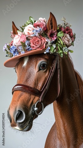 Head of noble chestnut horse in wide-brimmed hat decorated with lush composition of flowers against light gray background.