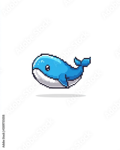 A blue whale character in pixel art swims playfully across a blank background. The whale features a joyful expression with big eyes and a distinct tail
