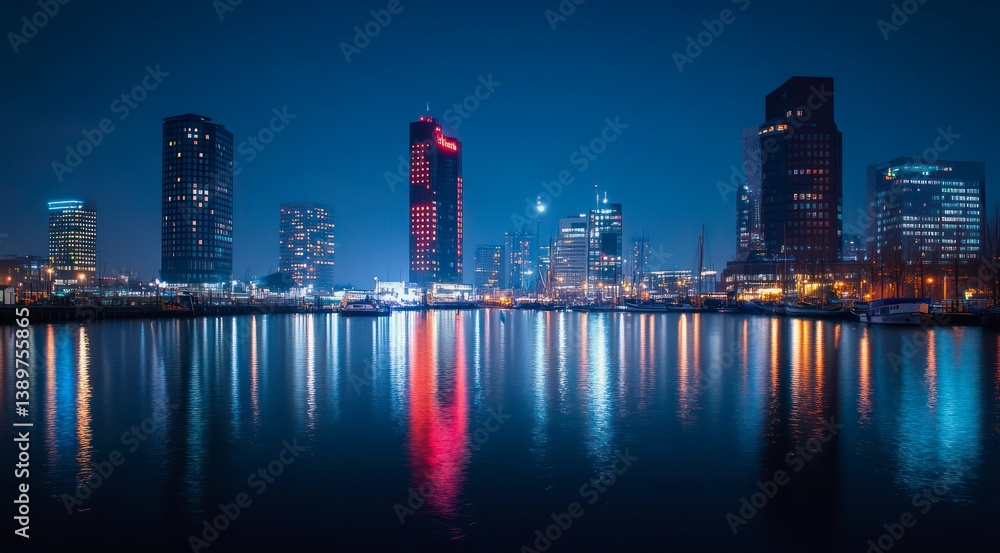 Fototapeta premium Urban skyline reflected in water during a calm night.