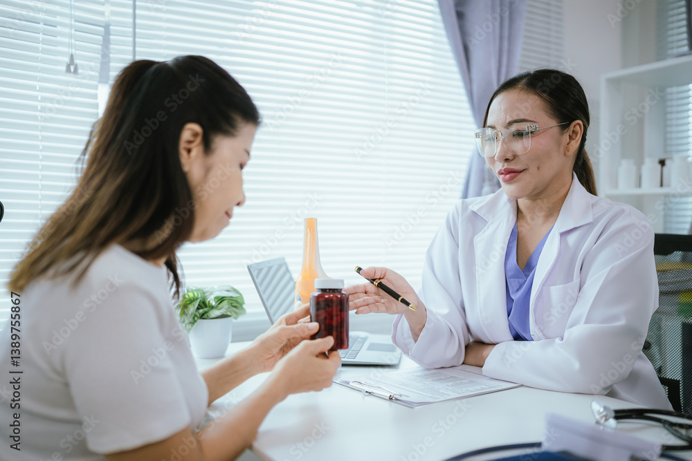 Doctor analyzes patient's blood test results and medication use on health screening concept chart. Doctor analyzes patient's blood test results and medication use on health screening concept chart.