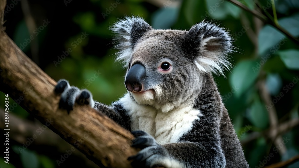 Naklejka premium Perched on a tree, the koala stares off calmly