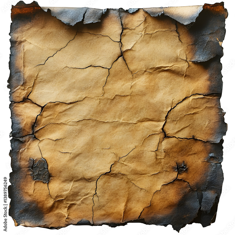 Fototapeta premium Rustic grunge-style aged paper texture with burnt edges on a transparent background --s 750