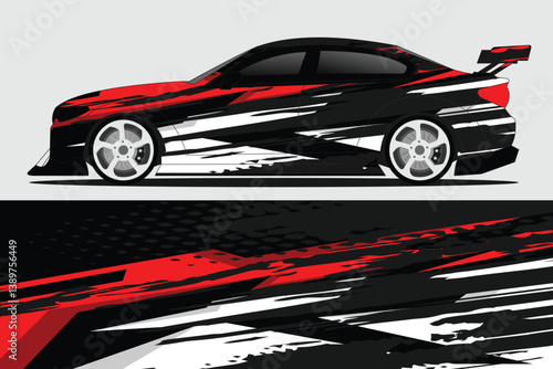 Sleek racing car design showcasing dynamic graphics and vibrant colors on a minimalistic background
