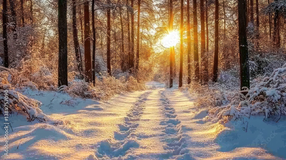 Naklejka premium Golden hour in the winter wonderland forest illuminating snow covered path