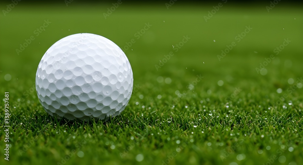 Close-Up of Golf Ball with Dew on Grass Close-Up of Golf Ball with Dew on Grass