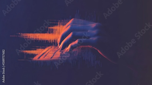 A cyberspace hacker typing on a holographic keyboard with data projections.