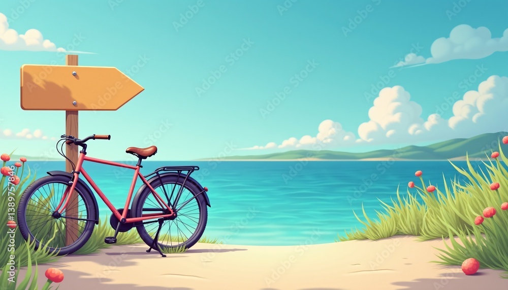 Fototapeta premium Red bicycle by the beach with a yellow signpost and flowers