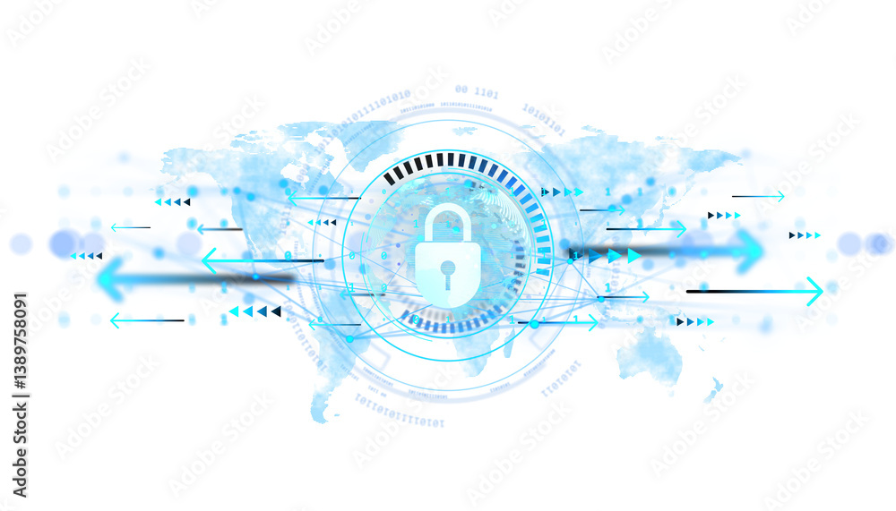 Fototapeta premium Digital padlock icon at center of global world map with blue arrows and data flow elements, light futuristic tech style, white background, 3D Rendering