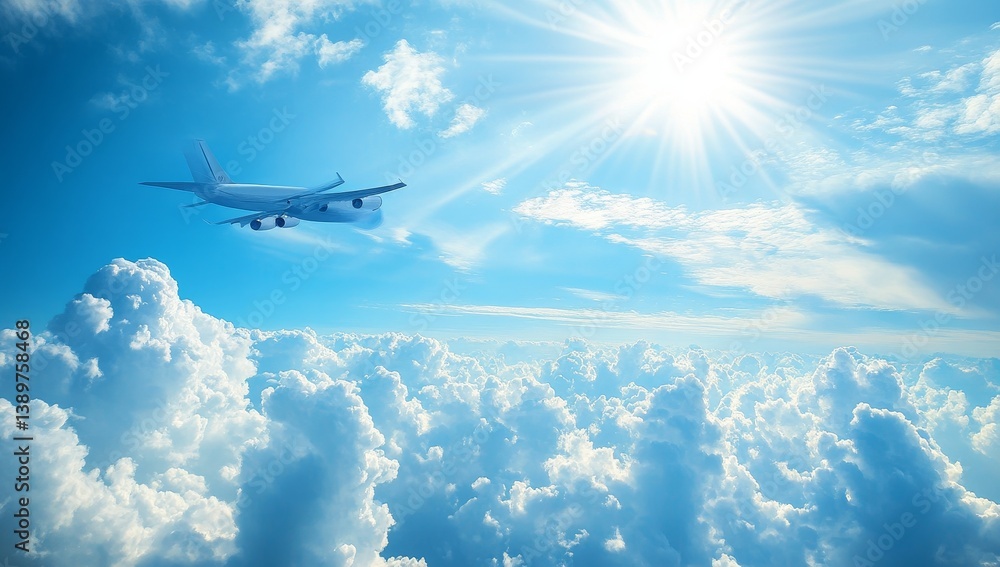 Fototapeta premium Airplane soaring above fluffy clouds, bright sunny day