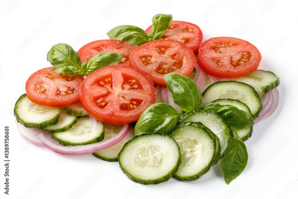 Fresh vibrant tomato cucumber salad with basil red onion slices healthy bright colors and clean Fresh vibrant tomato cucumber salad with basil red onion slices healthy bright colors and clean