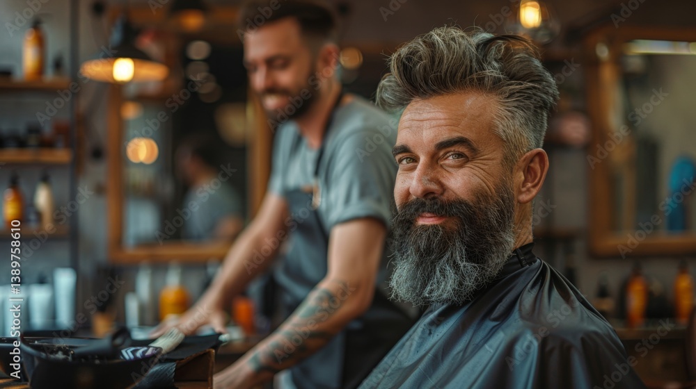 Grooming session at barbershop with man enjoying his trim and style by experienced barber Grooming session at barbershop with man enjoying his trim and style by experienced barber