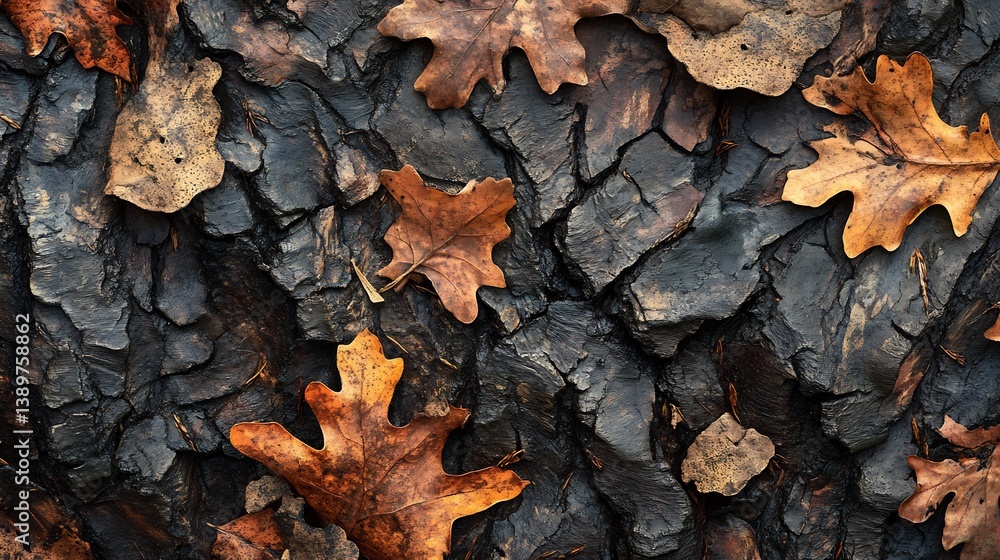 Autumn Oak Leaves on Dark Bark: A Moody Nature Study Autumn Oak Leaves on Dark Bark: A Moody Nature Study