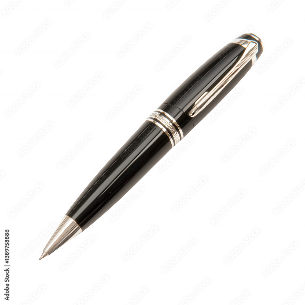 A sleek black pen with silver accents, lying on a white isolated background, ideal for branding, office supplies, and professional use. A sleek black pen with silver accents, lying on a white isolated background, ideal for branding, office supplies, and professional use.