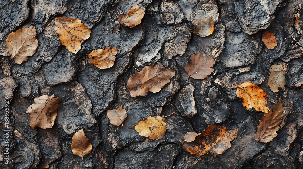Autumn Leaves on Dark, Textured Bark: A Moody Nature Study Autumn Leaves on Dark, Textured Bark: A Moody Nature Study